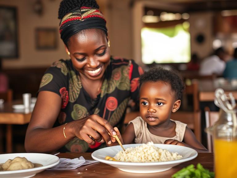 Parent helping child at restaurant