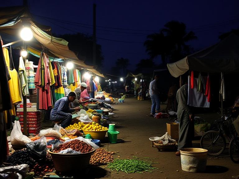 Vendor working under evening lights